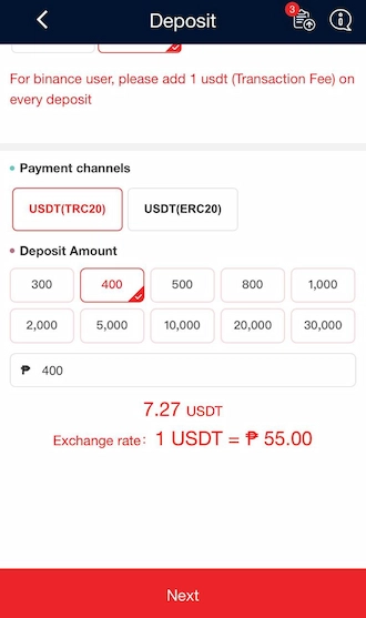 Step 3: Select the amount deposit, the system will automatically convert it to the USDT amount you need to transfer.