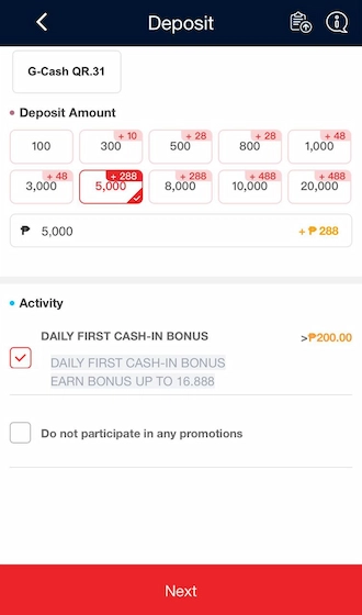 Step 3: In the list of deposit amounts, select an amount you want to deposit and select a promotion you to receive. 