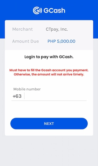 Step 4: The system displays the GCash interface, please log in to your GCash account to proceed with the payment transaction.