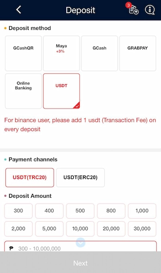 Step 2: Select the USDT method. Then select a suitable payment channel from the two payment channels: USD(TRC20) or USDT(ERC-20).