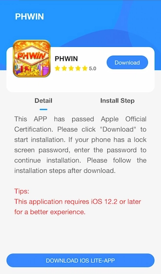 Step 3: The PHWIN app interface appears on your phone screen. Click on “Download” next to the app icon.