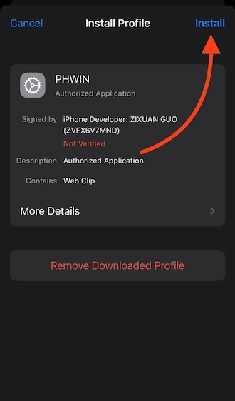 Step 5: Then the bettor should access the phone’s settings and select device management and VPN. Then continue to select the PHWIN APK profile and press “Install”.