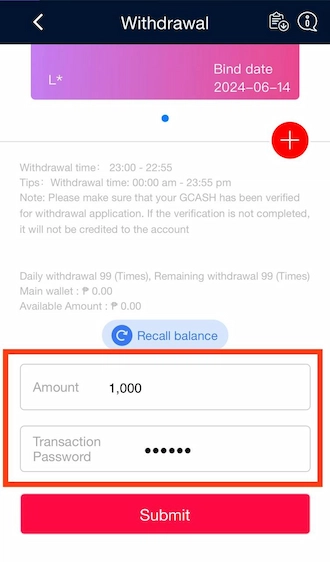 Step 3: Members, please fill in the amount you want to withdraw to your bank account and enter your correct transaction password.